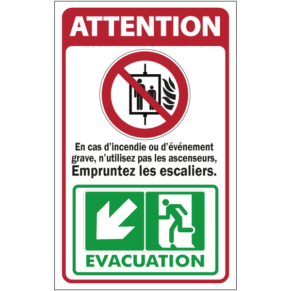 Panneau Picto + Texte Ne Pas Utiliser les Ascenseurs + Flèche Évacuation