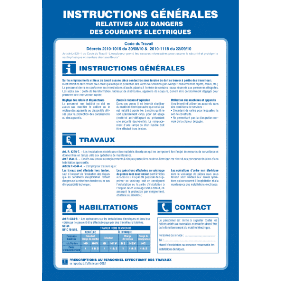 Panneau Instructions Générales Relatives aux Dangers Électriques