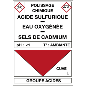 Étiquette Cuve Polissage Chimique Acide Sulfurique / Eau Oxygénée / Sels de Cadmium