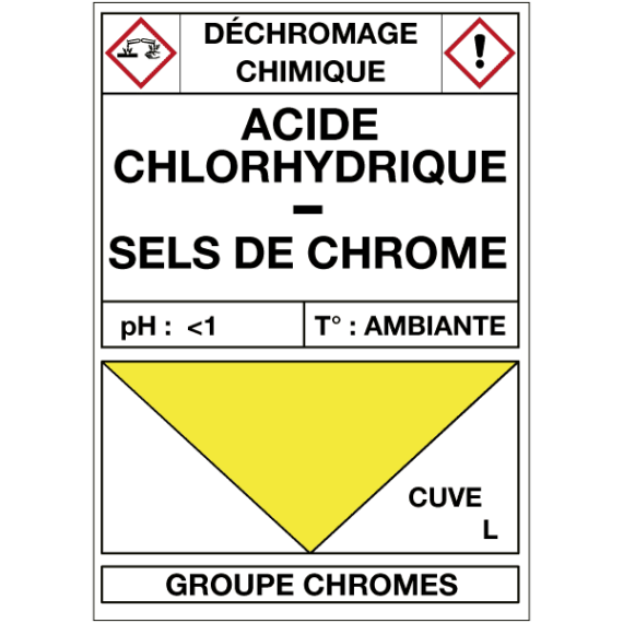 Étiquette Cuve Déchromage Chimique Acide Chlorhydrique / Sels de Chrome